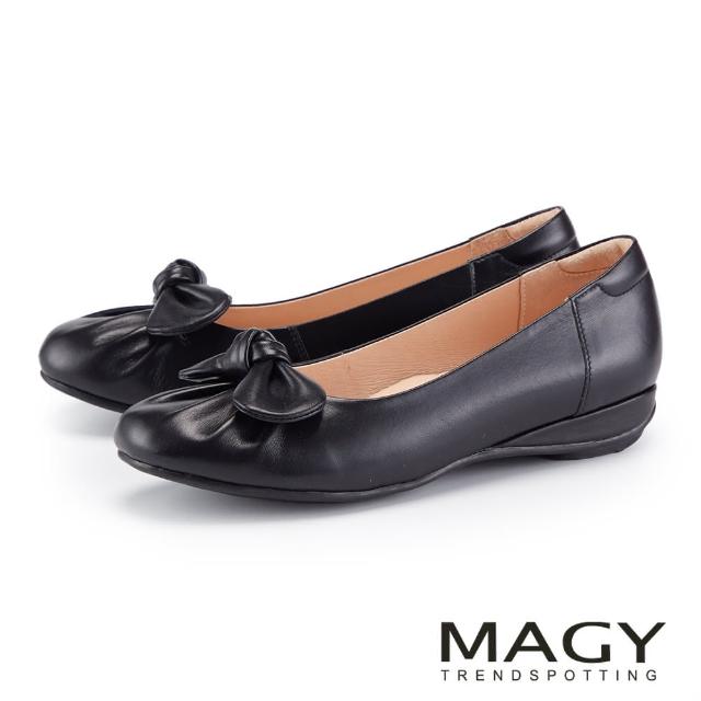 【MAGY】扭結造型蝴蝶結楔型低跟鞋(黑色)