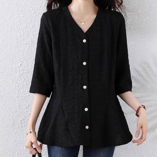 【麗質達人】1653黑色V領五分袖上衣-LY(L-5XL)