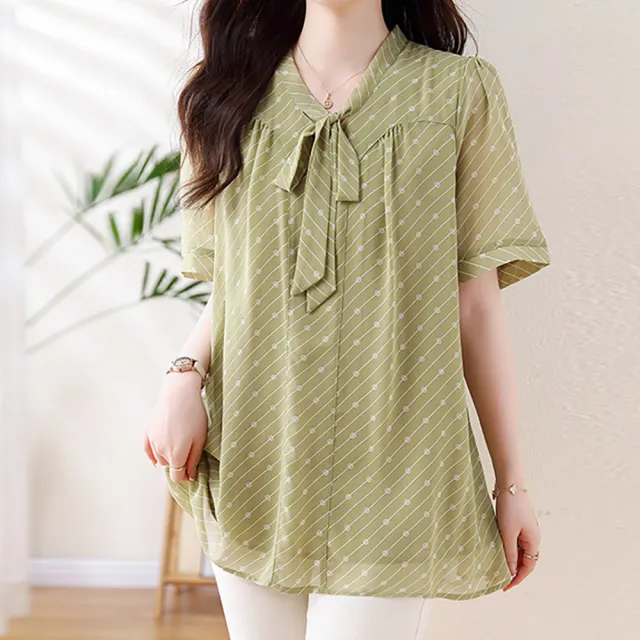 【麗質達人】8041綠色印花綁帶上衣-LY(L-5XL)