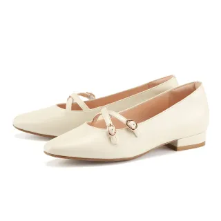 【MAGY】真皮交叉細帶尖頭瑪麗珍低跟鞋(米色)