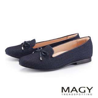 【MAGY】氣質細帶蝴蝶結樂福平底鞋(深藍)