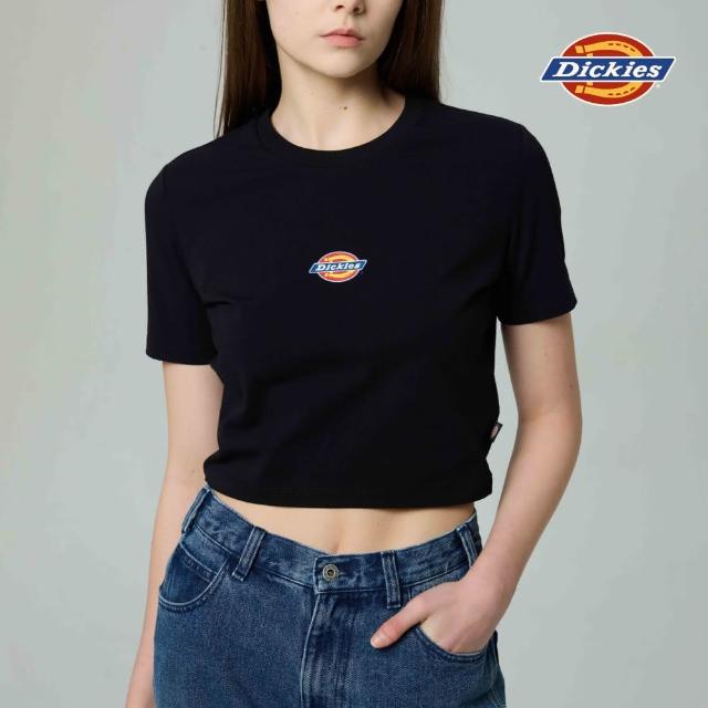 【Dickies】女款黑色重磅短版胸前經典Logo印花短袖T恤｜DK012314BLK