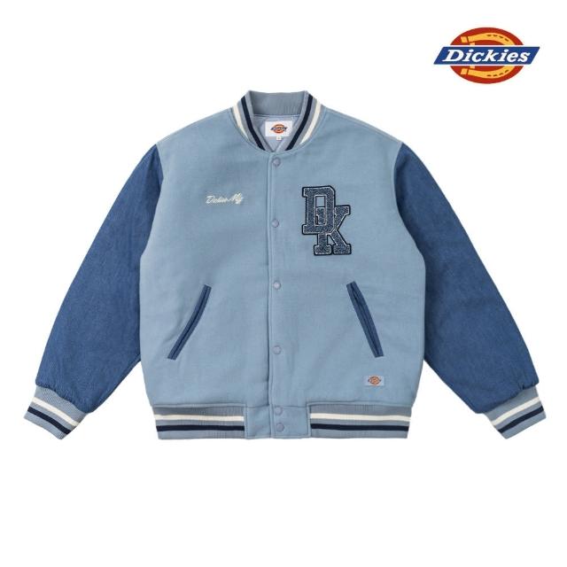 【Dickies】男款淺灰藍胸前刺繡Logo撞色拼接衣袖寬鬆棒球外套｜DK0A87GTC99