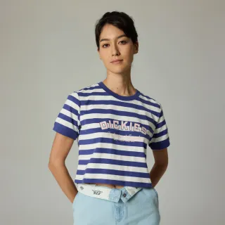 【Dickies】女款深藍紫條紋純棉胸前品牌Logo文字印花短袖T恤｜DK0A87H6K42