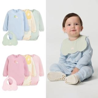 【奇哥】CHIC BASICS系列 嬰幼童裝 長袖側開包屁衣/連身衣-3入(附圍兜 6-24個月)