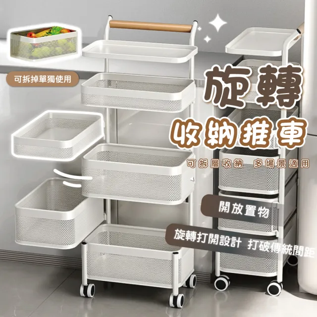 【Clook 鹿客家居】旋轉收納置物推車-四層(美容推車 推車收納 置物架 手推車 收納架 層架)
