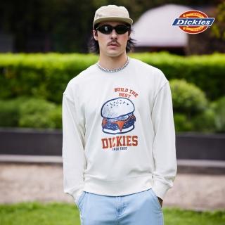 【Dickies】男款米白色胸前漢堡圖案印花設計長袖休閒大學T｜DK0A87EYC48