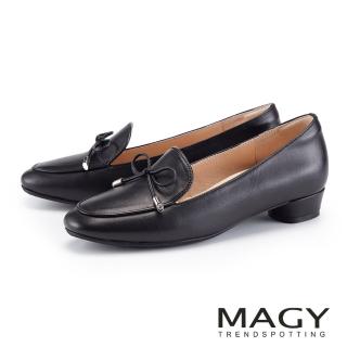 【MAGY】牛皮細帶蝴蝶結樂福粗低跟鞋(黑色)