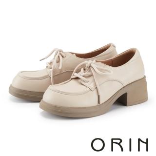 【ORIN】學院風真皮綁帶厚底樂福鞋(米色)