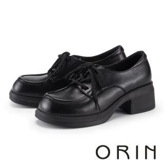 【ORIN】學院風真皮綁帶厚底樂福鞋(黑色)