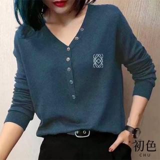 【初色】純色印花V領長袖T恤上衣女上衣-共3色-11443(M-4XL可選)