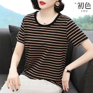 【初色】條紋圓領短袖寬鬆顯瘦T恤上衣女上衣-共2色-11421(M-4XL可選)