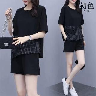 【初色】圓領短袖拼接T恤上衣女上衣+鬆緊腰純色休閒褲寬褲短褲套裝-黑色-11419(M-3XL可選)