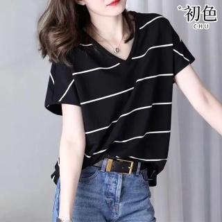 【初色】韓系撞色條紋顯瘦大碼寬鬆休閒V領短袖T恤上衣女上衣-共2色-11397(M-3XL可選)