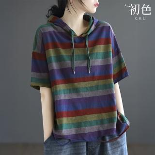 【初色】懷舊復古風多色條紋寬鬆五分袖抽繩連帽帽T上衣女上衣-共3色-11417(L-4XL可選)