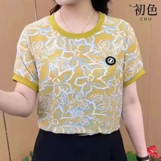 【初色】休閒減齡顯瘦拼接撞色植物花卉印花圓領短袖打底T恤上衣女上衣-共3色-11388(M-4XL可選)