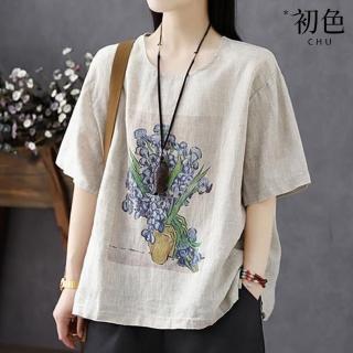 【初色】棉麻風透氣寬鬆純色圓領印花五分袖短袖T恤上衣女上衣-共3色-35748(M-3XL可選)