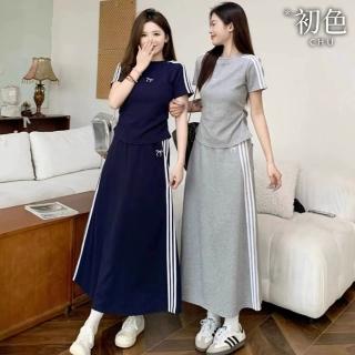 【初色】慵懶風圓領短袖T恤上衣女上衣+高腰修身A字裙運動半身裙-共2色-11376(M-XL可選)