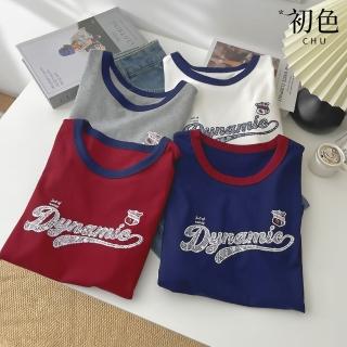 【初色】運動風潮流修身撞色拼接字母印花圓領短袖T恤上衣女上衣-共4色-11373(F可選)