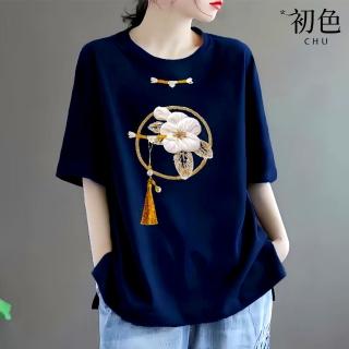 【初色】簡約中國風花朵印花寬鬆圓領短袖T恤上衣女上衣-共4色-11423(M-3XL可選)