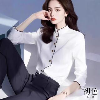 【初色】法式休閒通勤純色拼接單排釦半立領長袖襯衫上衣女上衣-白色-11452(M-XL可選)