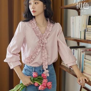 【初色】法式復古氣質條紋拼接袖釦V領木耳邊長袖襯衫上衣女上衣-粉色-11514(M-2XL可選)