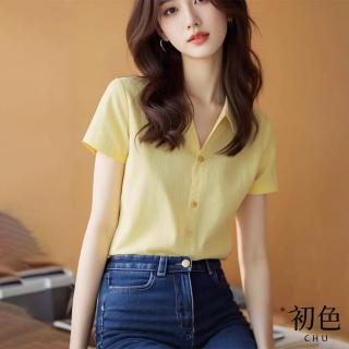 【初色】休閒減齡氣質純色POLO領短袖雪紡衫襯衫上衣女上衣-黃色-11450(M-XL可選)