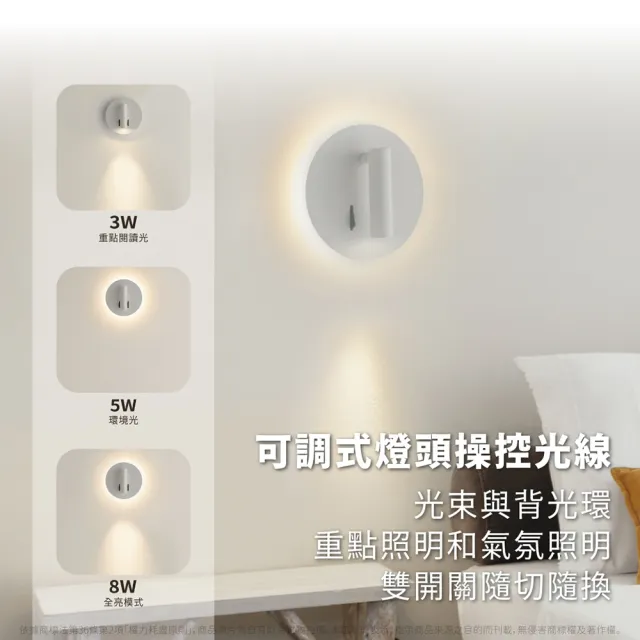 【DanceLight 舞光】4入組 8W 3000K 黃光 全電壓 三種燈光模式 可調式燈頭 圓虹床頭壁燈(時尚白/貴族黑)