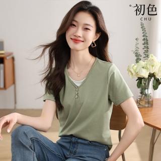 【初色】簡約拼接撞色圓領短袖假兩件T恤上衣女上衣-綠色-33470(M-2XL可選)