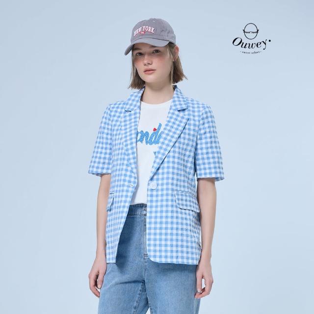 【OUWEY 歐薇】夏日清爽格紋泡泡布西裝外套(藍；S-L；3252324748)