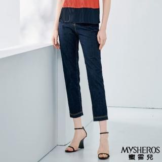 【MYSHEROS 蜜雪兒】高含棉造型牛仔褲 前釦拉鍊雙貼口袋 丹寧字母刺繡裝飾(丈青)