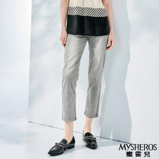 【MYSHEROS 蜜雪兒】高含棉造型牛仔褲 前釦拉鍊 百搭個性刷白貼鑽(灰)