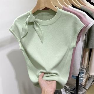 【Paiya 派亞】綁帶圓領冰絲短袖針織衫T恤女式 夏季修身小飛袖小衫上衣(均碼S-XL可穿)