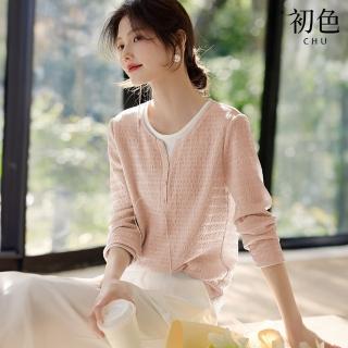 【初色】休閒知性修身褶皺肌理感拼接撞色假兩件圓領長袖T恤上衣女上衣-共3色-11495(M-2XL可選)