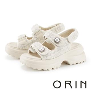 【ORIN】珍珠鑽飾雙寬帶厚底涼鞋(米色)