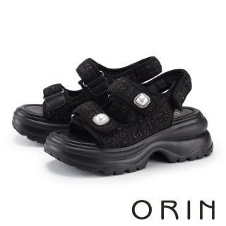 【ORIN】珍珠鑽飾雙寬帶厚底涼鞋(黑色)