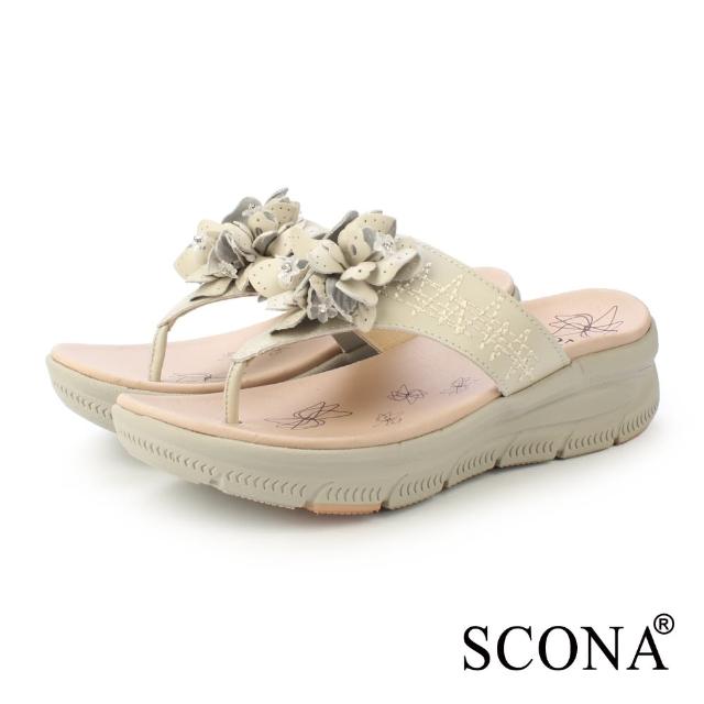 【SCONA 蘇格南】真皮 樂活舒適厚底涼拖鞋(米色 31270-1)