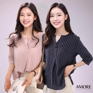 【Amore】顯瘦V領條紋雪紡七分袖上衣(韓系直條紋 顯瘦修身感)