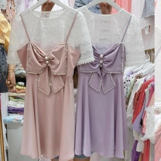 【BBHONEY】甜美蕾絲上衣+蝴蝶結吊帶洋裝二件式(芭比甜美洋裝套裝)