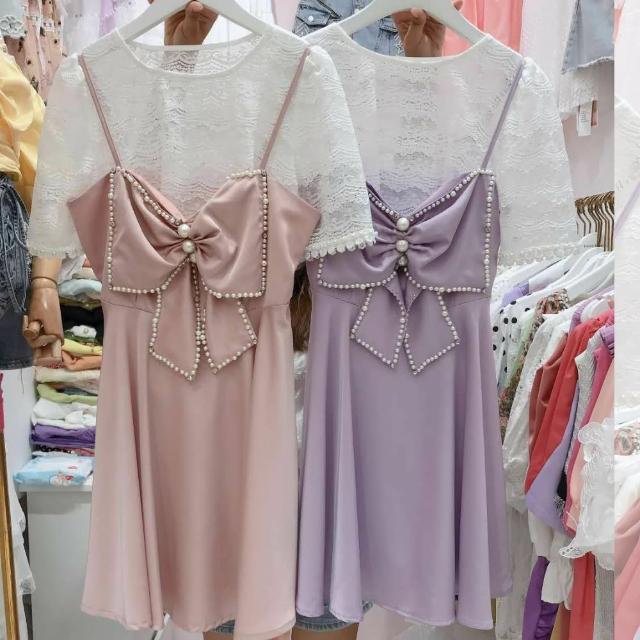【BBHONEY】甜美蕾絲上衣+蝴蝶結吊帶洋裝二件式(芭比甜美洋裝套裝)