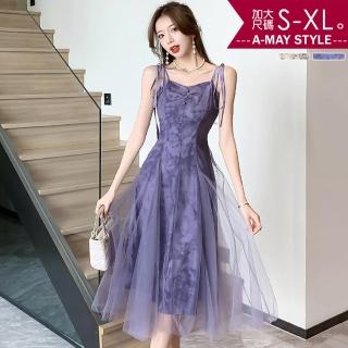 【艾美時尚】中大尺碼女裝 洋裝 小禮服 優雅印花網紗設計顯瘦細肩帶連身洋裝。S-XL(2色.預購)