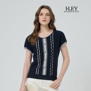【ILEY 伊蕾】蕾絲排釦撞色棉質針織上衣(深藍；M-2L；1251405012)