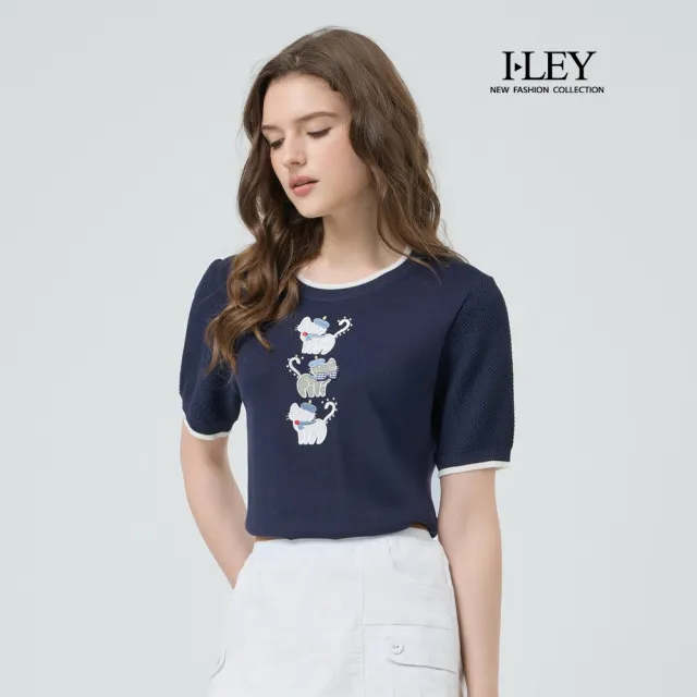 【ILEY 伊蕾】可愛貓咪刺繡縲縈針織上衣(深藍;M-2L;1251175014)