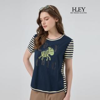 【ILEY 伊蕾】條紋拼接斑馬圖案縲縈上衣(深藍；M-2L；1252011213)