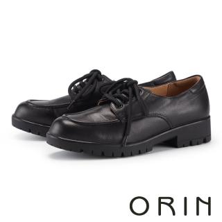 【ORIN】真皮素面綁帶厚底樂福鞋(黑色)
