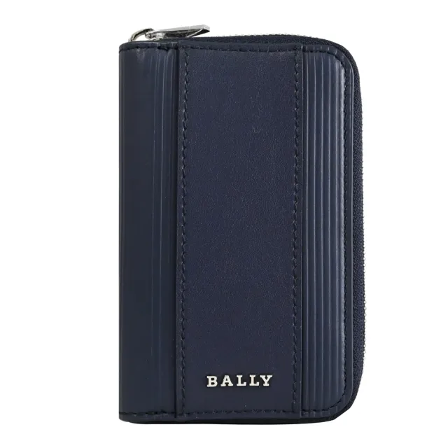 【BALLY】LITTS 線條壓紋牛皮拉鍊鑰匙包(深藍)