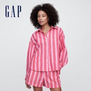【GAP】女裝 純棉翻領長袖襯衫-粉色條紋(781563)