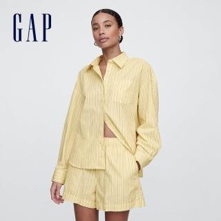 【GAP】女裝 純棉翻領長袖襯衫-黃色條紋(781563)
