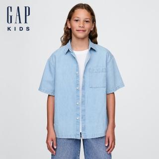【GAP】男童裝 純棉翻領短袖牛仔襯衫-淺色水洗(732222)