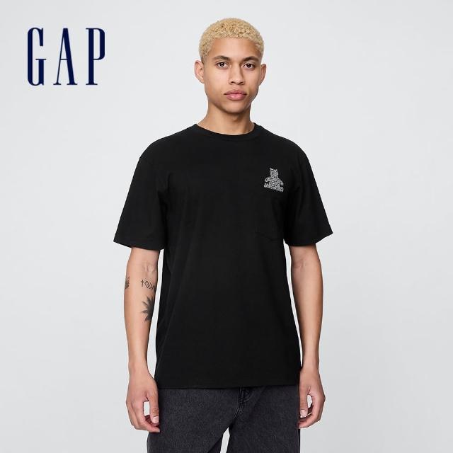 【GAP】男裝 Logo純棉小熊印花圓領短袖T恤-黑色(769029)